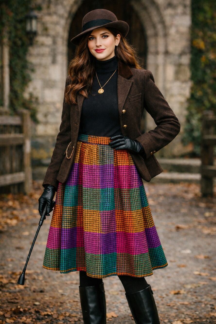 Vintage Richard Evans 100% Wool Skirt Colorful Haundstooth Check Academia Sz 10